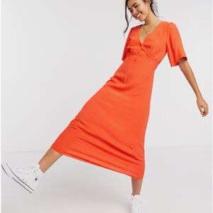 New Look v neck flutter sleeve midi dress in bright orange